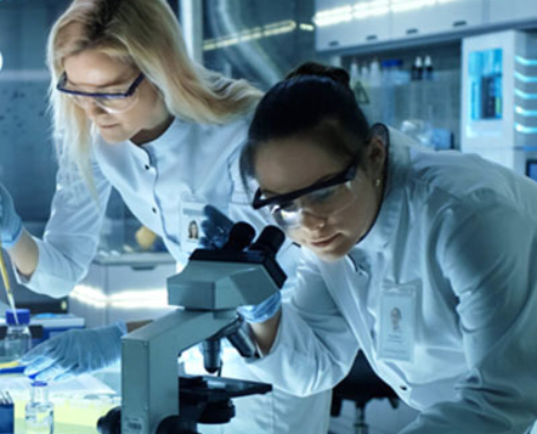 Two researchers at a microscope.